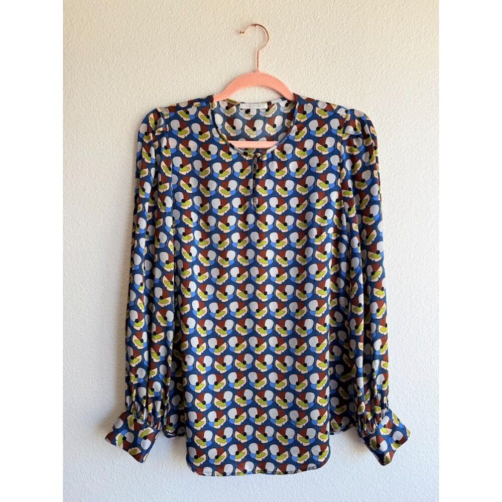 Anna Thomas 100% Silk Blouse in Mod Poppy Graphic Print Blue Green Brown US4 AU8